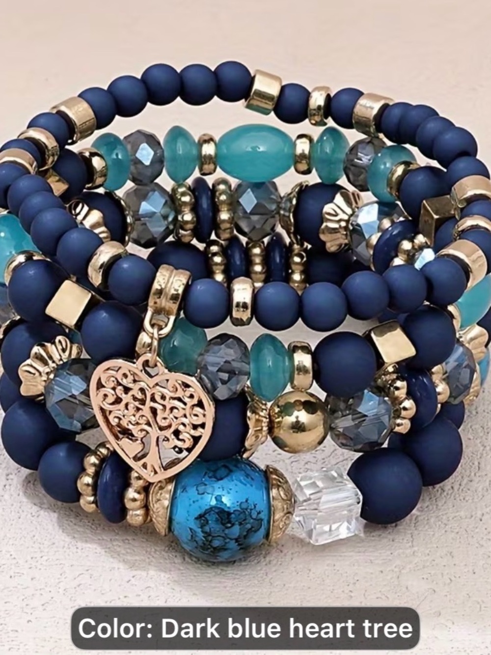 4pcs Handmade European & American dack Bule Beaded Heart Tree Bracelet Stack